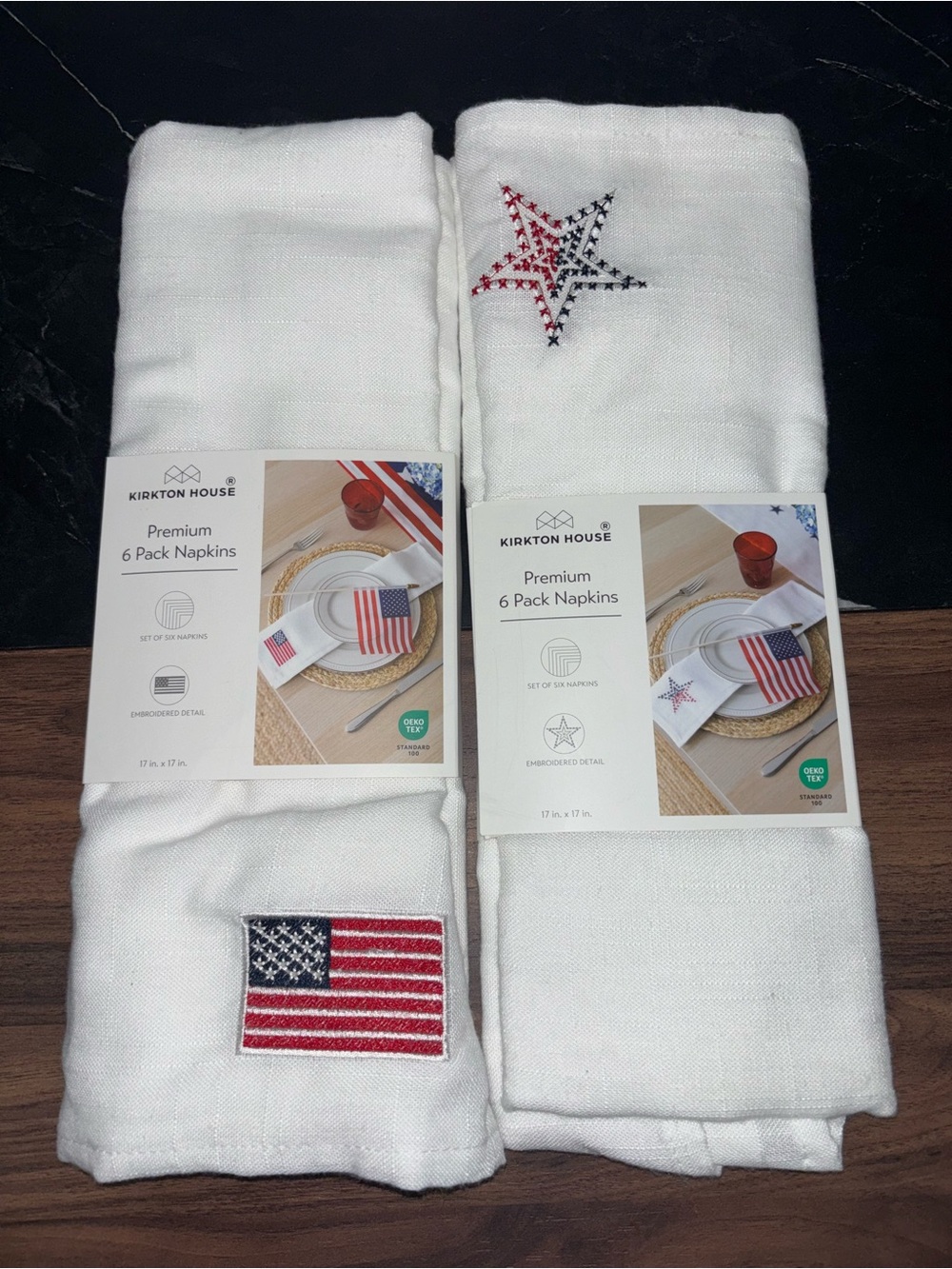 🇺🇸NEW Kirkton House White Embroidered American Star & Flag Cloth Napkins
